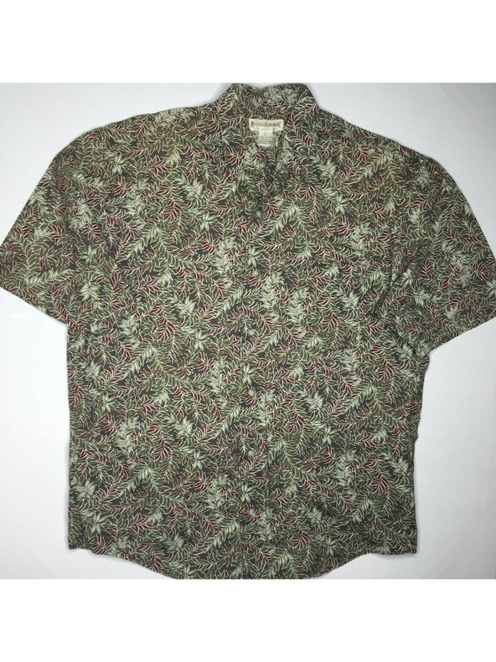 Banana Republic Mens Button Up Short Sleeve Collared Shirt Green Palm Size Large
